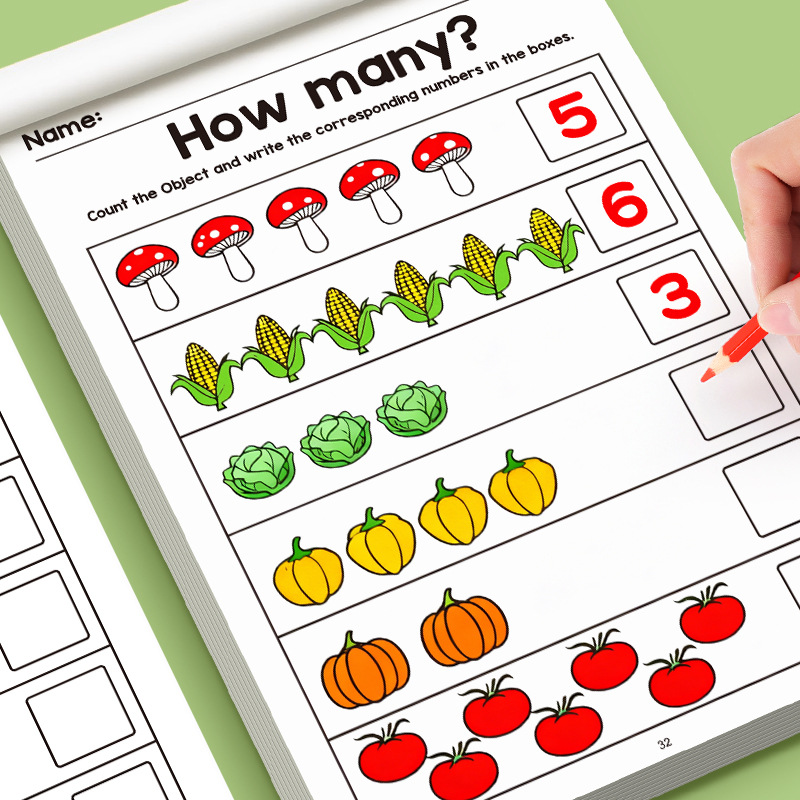 Learning Workbook Preschool - สมุดงานคณิตศาสตร์แบบภาพประกอบ 32 หน้า ออกแบบมาเพื่อการเรียนรู้แบบโต้ตอบสำหรับเด็กก่อนวัยเรียน พร้อมแบบฝึกหัดการลากเส้นตัวเลข 0-12