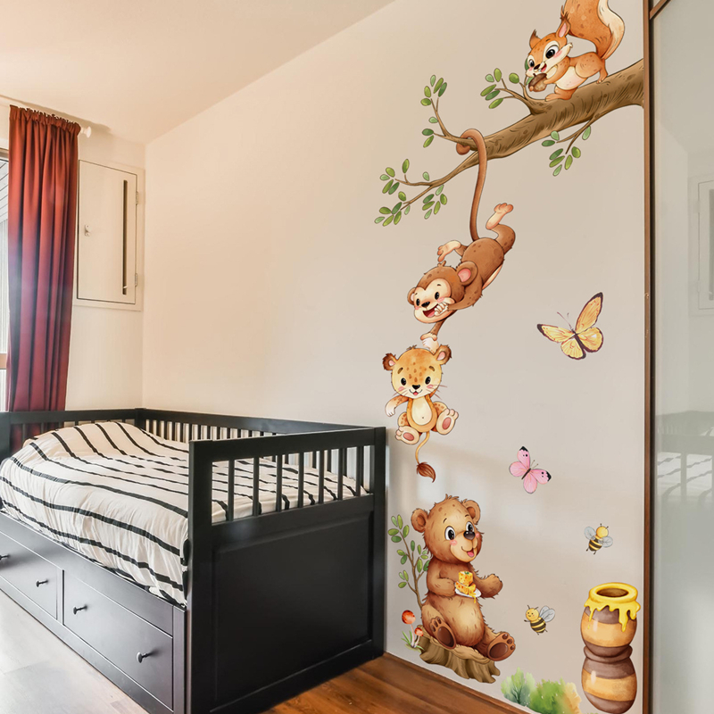 Kids Educational Posters - สติ๊กเกอร์ติดผนังไวนิลลายสัตว์ น่ารัก ลิง ผีเสื้อ ผึ้ง สำหรับตกแต่งห้องเด็ก