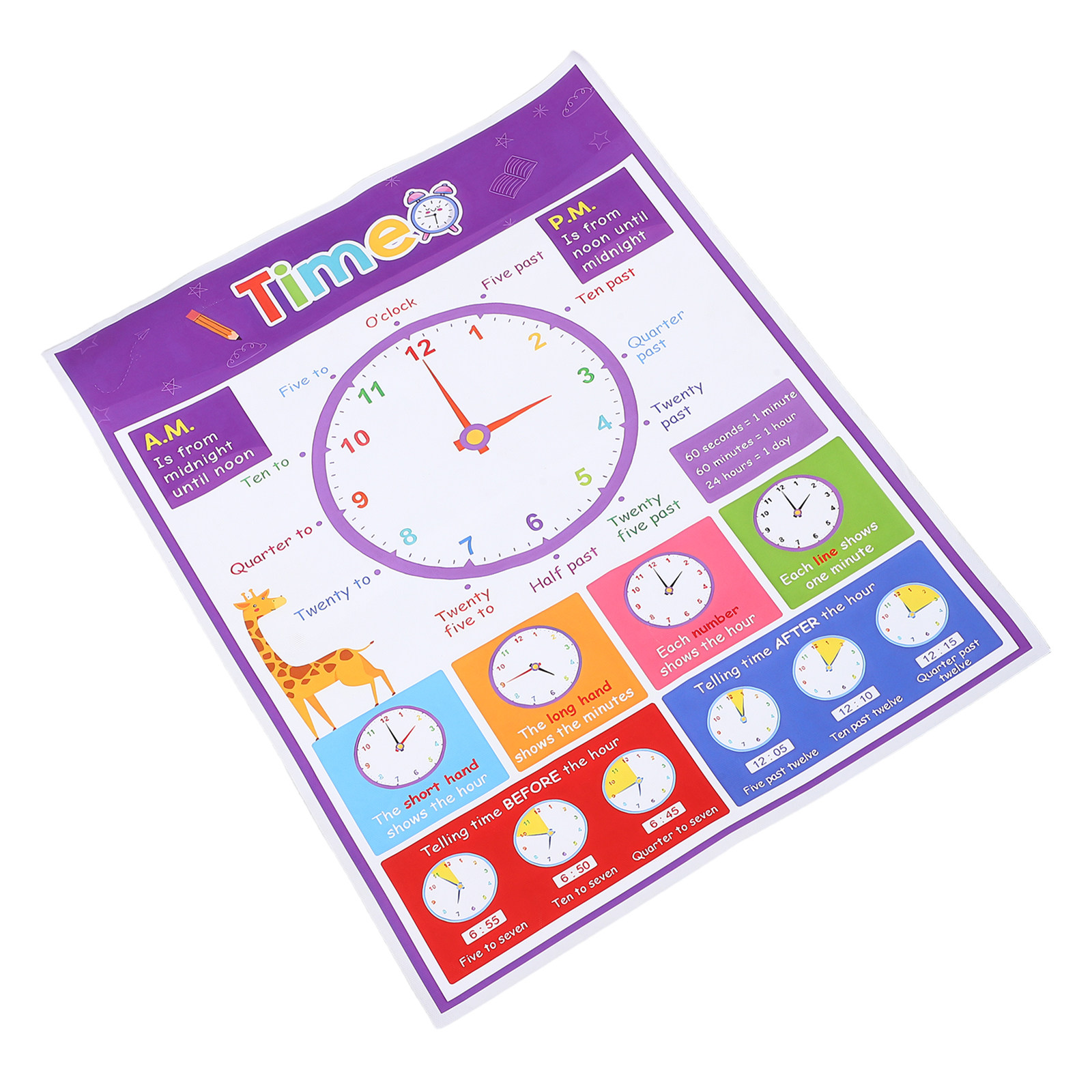 Kids Educational Posters - โปสเตอร์สอนเวลาสำหรับเด็ก แผนภูมิติดผนังเพื่อการศึกษา ขนาด 40x50 ซม. นาฬิกาแบบเข็มสีสันสดใส