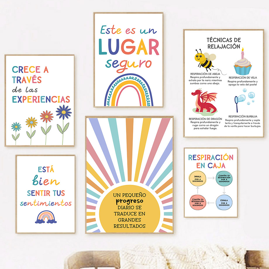 Kids Educational Posters - สโลแกนการศึกษาภาษาสเปนสายรุ้งซันไชน์วอลล์อาร์ตภาพวาดผ้าใบโปสเตอร์นอร์ดิกและภาพพิมพ์การ์ตูนภาพเด็กทารกเด็กตกแต่งห้อง