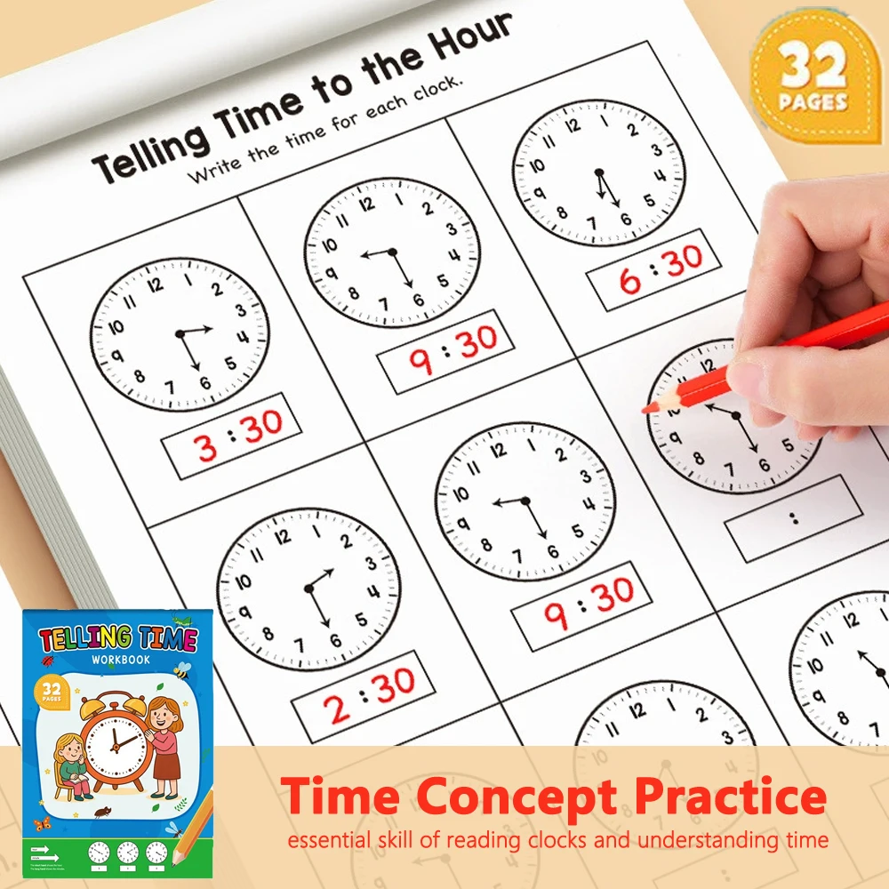Learning Workbook Preschool - สมุดฝึกหัดบอกเวลา 32 หน้า สำหรับเด็กอายุ 4-8 ปี