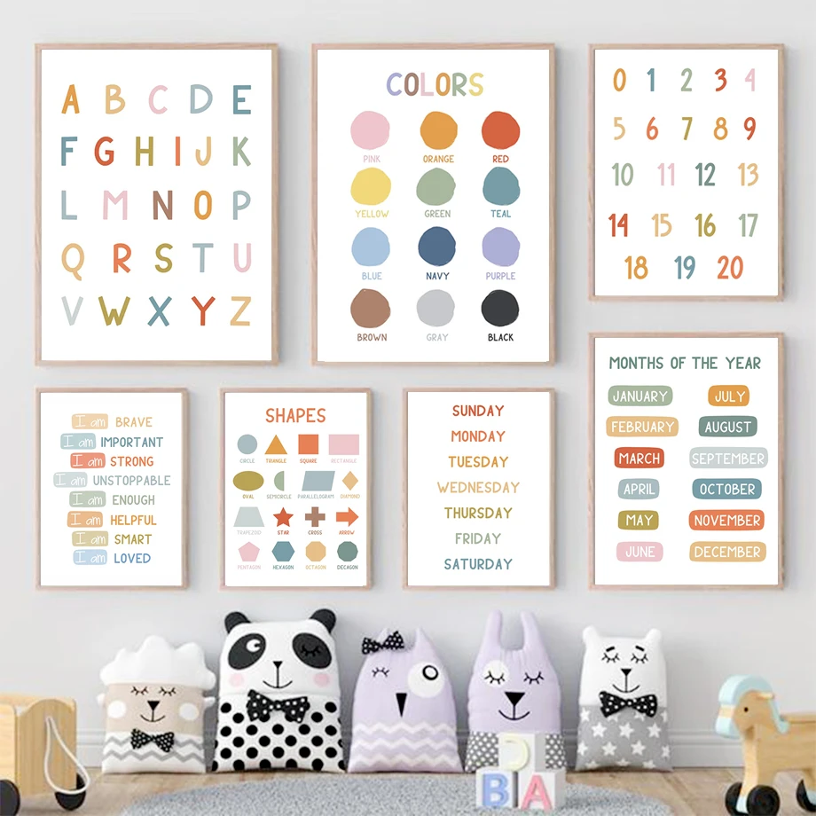 Kids Educational Posters - โปสเตอร์การศึกษาภาษาอังกฤษ ตัวอักษร ตัวเลข สี รูปทรง ภาพพิมพ์ศิลปะติดผนัง