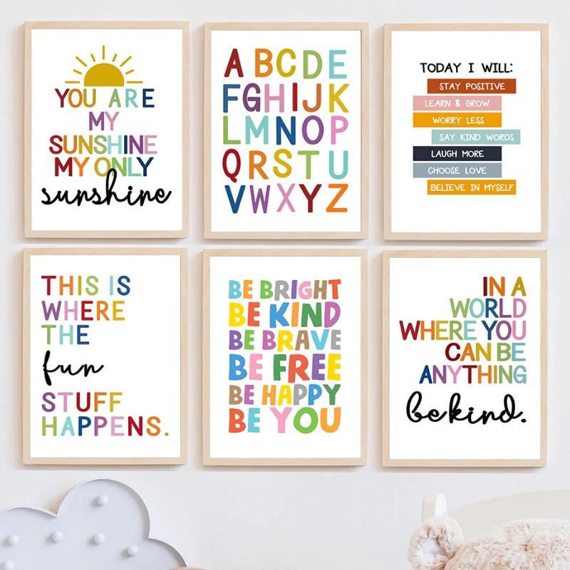 Kids Educational Posters - โปสเตอร์การศึกษาภาษาอังกฤษ ตัวอักษร ตัวเลข สี รูปทรง ภาพพิมพ์ศิลปะติดผนัง
